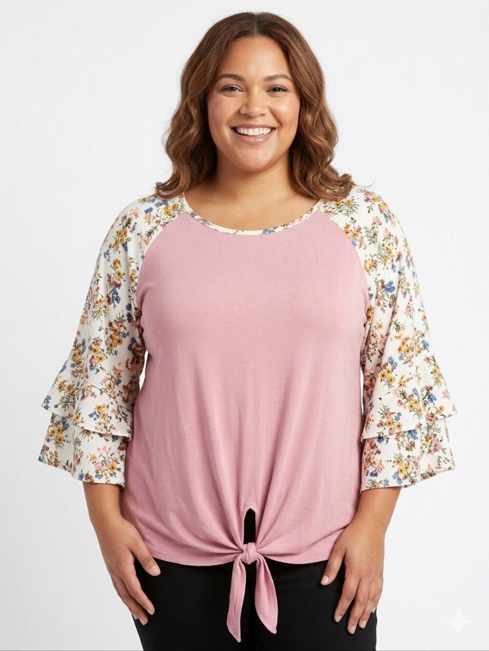Discreet Plus Size Pink Raglan Tie-Front Top with Cream Floral Sleeves